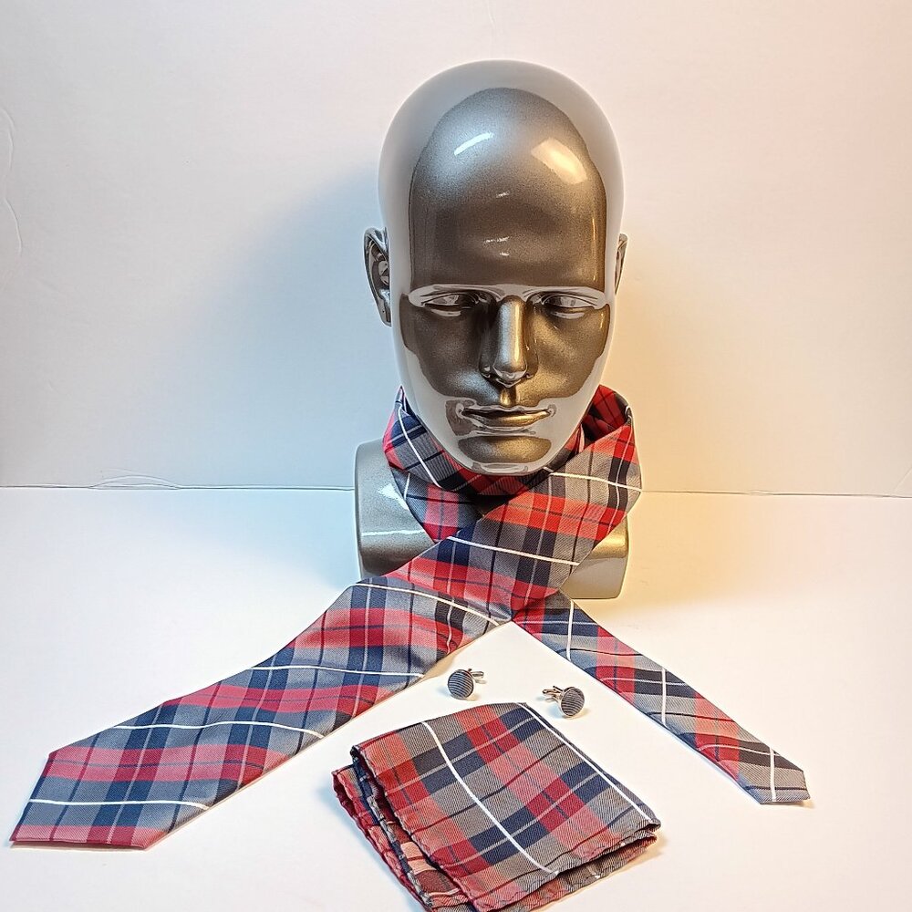 TWENTY DOLLAR TIE CLUB NECKTIE - POCKET SQUARE & CUFF LINKS - BLUE / RED